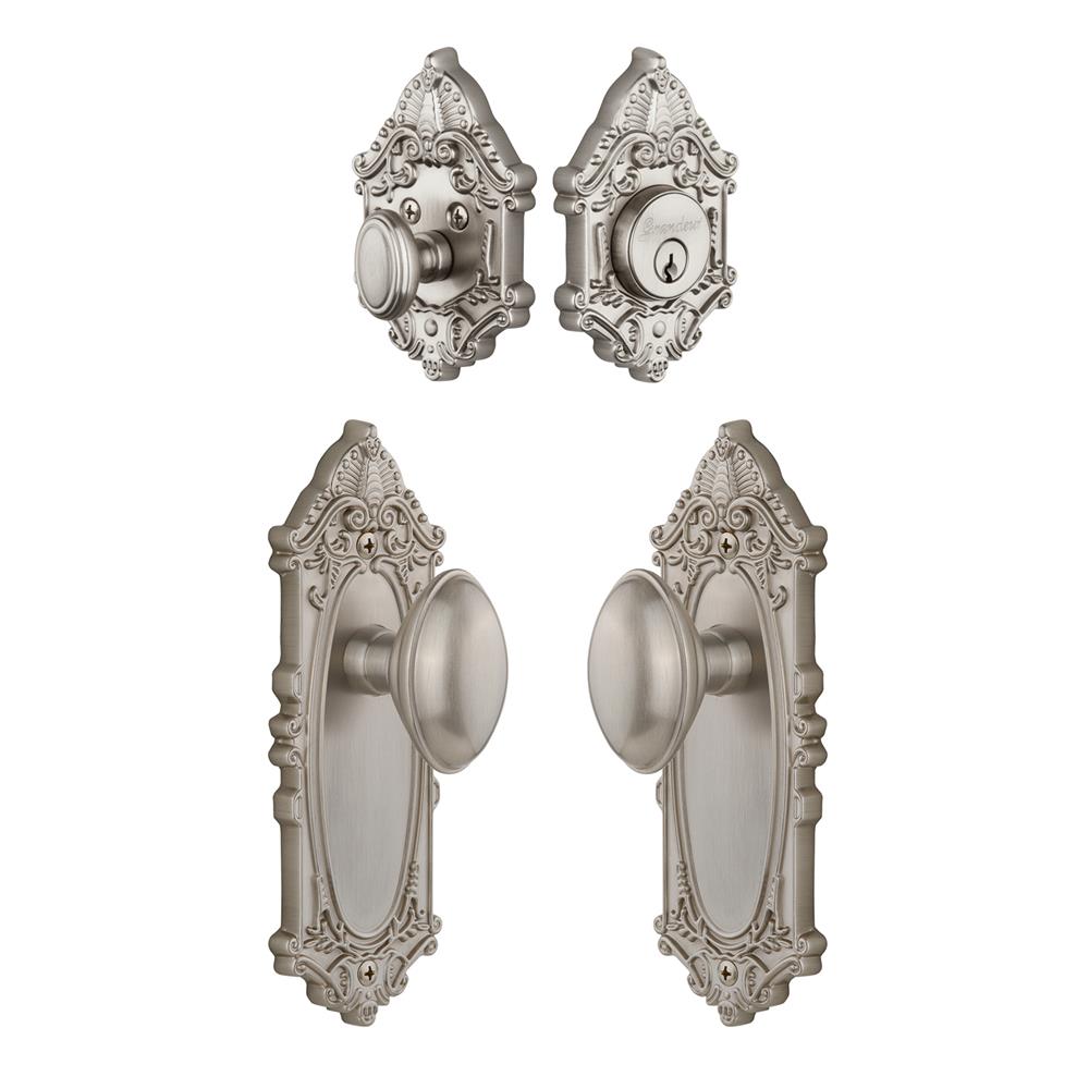 Grandeur by Nostalgic Warehouse Single Cylinder Combo Pack Keyed Differently - Grande Victorian Plate with Eden Prairie Knob and Matching Deadbolt in Satin Nickel
